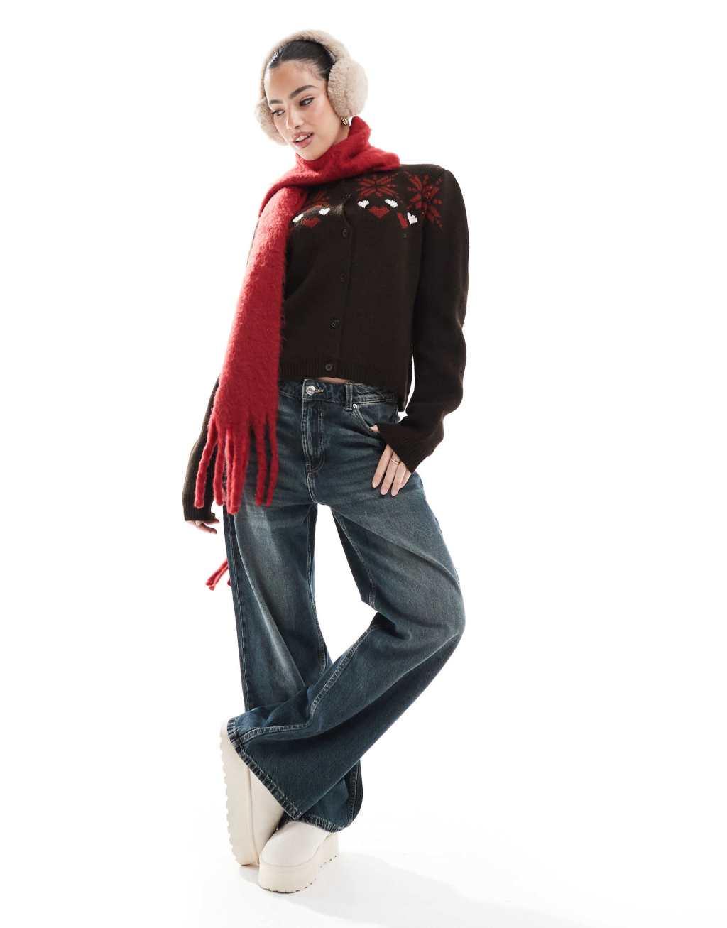 Miss Selfridge jacquard snowflake heart knit cardigan in chocolate Product Image