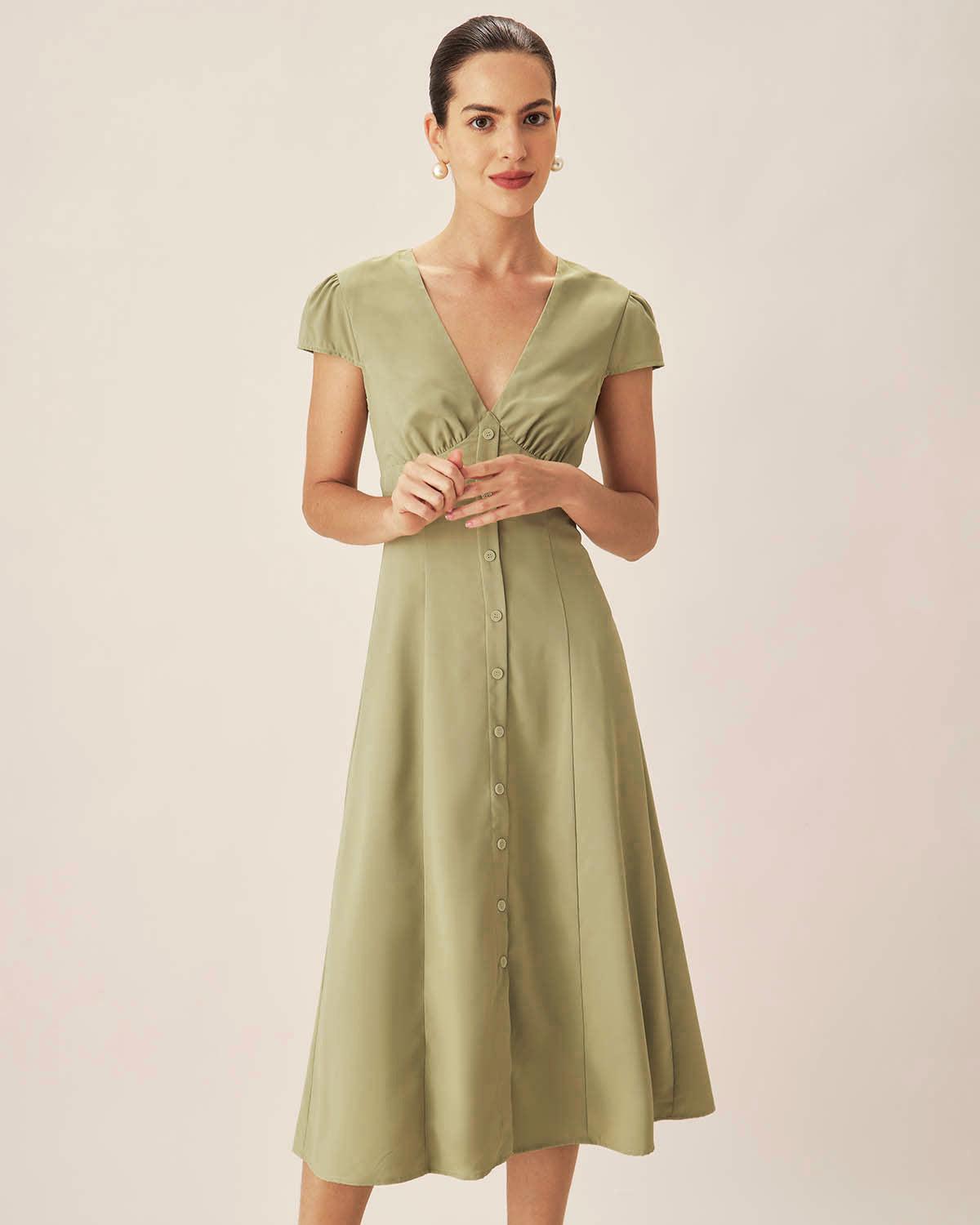 Green V-Neck Button Midi Dress Product Image
