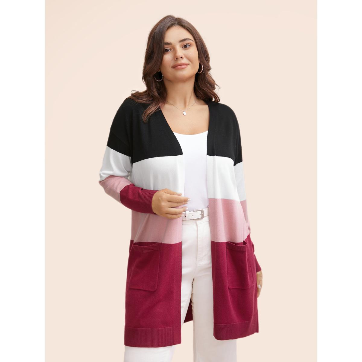 Plus Size Supersoft Essentials Colorblock Contrast Pocket Cardigan Rosered Women Casual Loose Three Quater Length Sleeve Everyday Cardigans BloomChic 22-24/3X Product Image