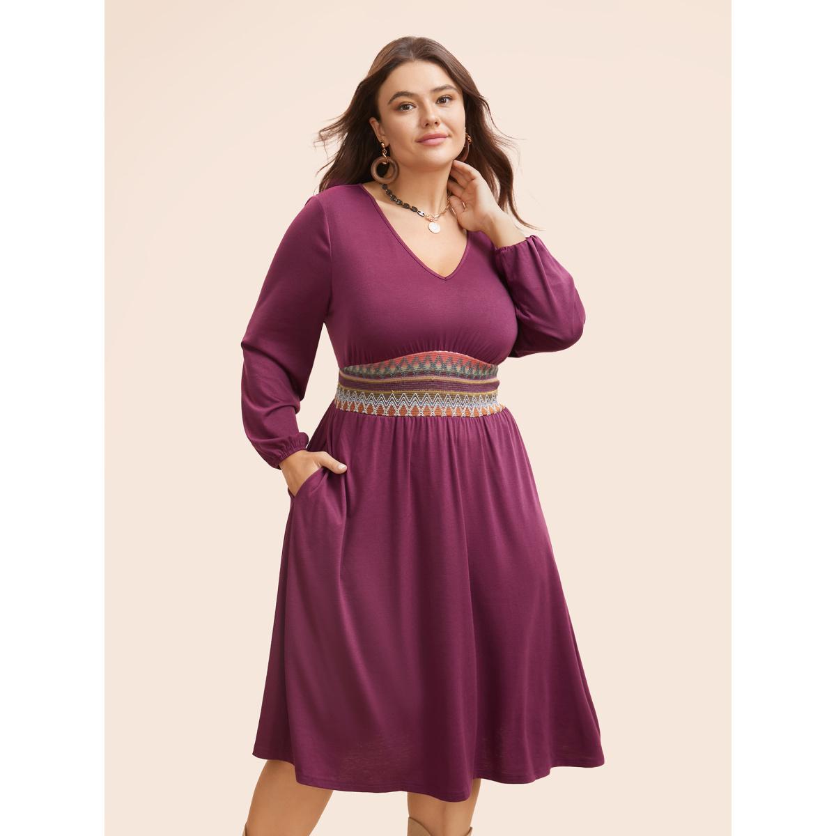 Plus Size V Neck Contrast Webbing Midi Dress RedViolet Women Resort Woven ribbon&lace trim V-neck Long Sleeve Curvy BloomChic 28/5X Product Image