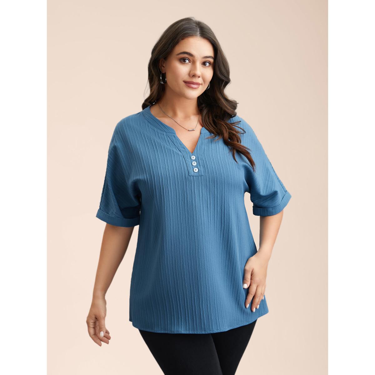Plus Size Cerulean Notched Collar Textured Button Blouse Women Elegant Short sleeve V-neck Everyday Blouses BloomChic 12/L Product Image