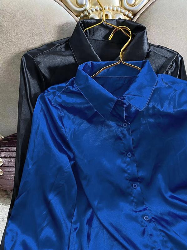 Satin Solid Lapel Neck Long Sleeve Blouse Product Image