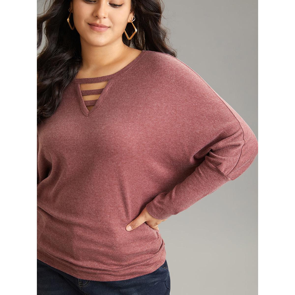 Plus Size Solid Heather Keyhole Batwing Sleeve T-shirt Russet Women Casual Plain Plain Keyhole Cut-Out Everyday T-shirts BloomChic 22-24/3X Product Image