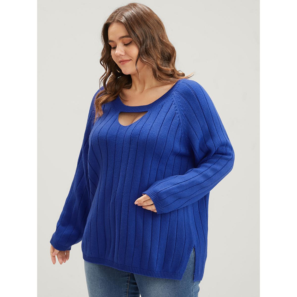 Plus Size Solid Pointelle Knit Cut Out Split Hem Rib Knit Top Aegean Women Elegant Loose Long Sleeve Dailywear Pullovers BloomChic 30/6X Product Image
