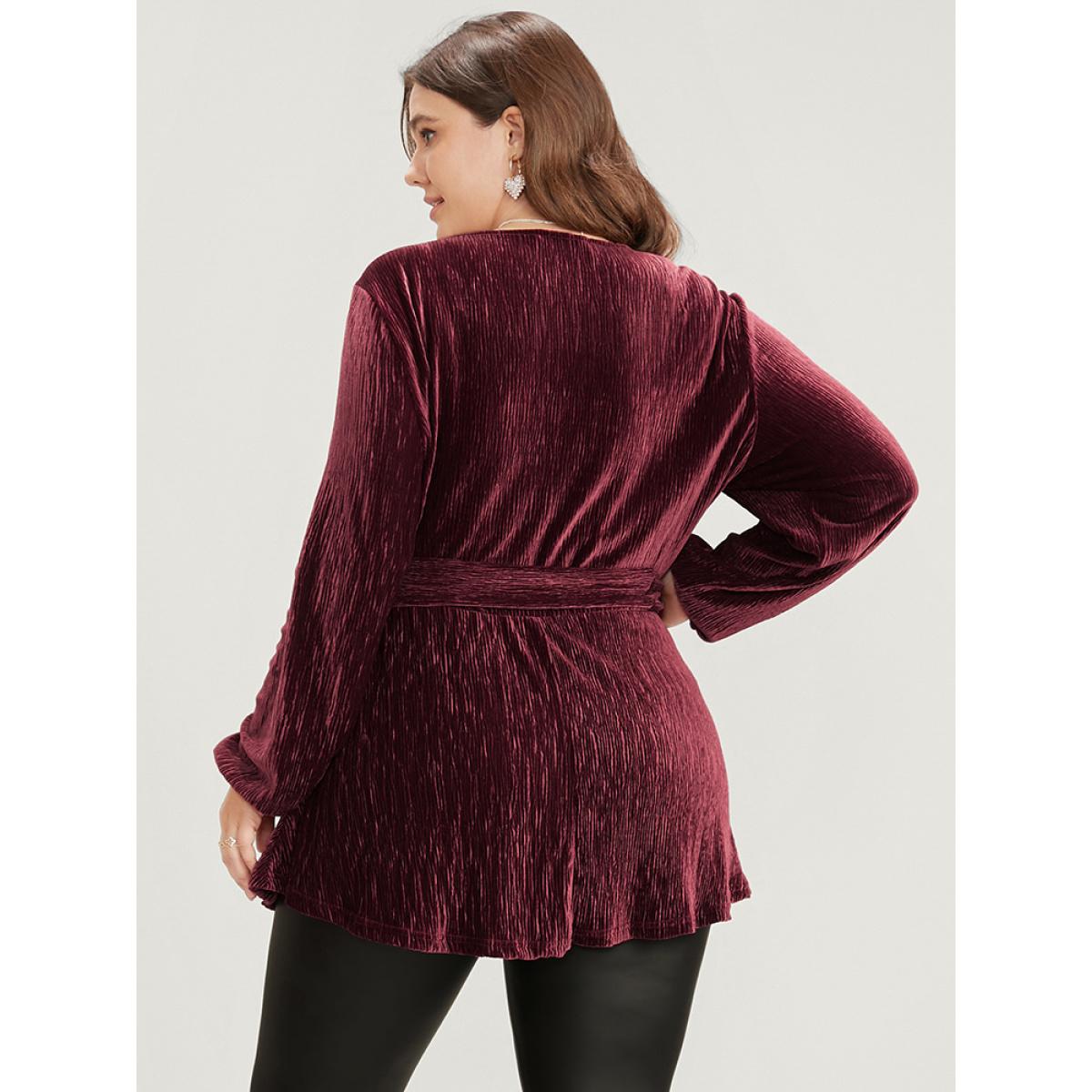 Plus Size Burgundy Glitter Textured Lantern Sleeve Belted Ruffle Blouse Women Party Long Sleeve V-neck Going out Blouses BloomChic 14-16/1X Product Image