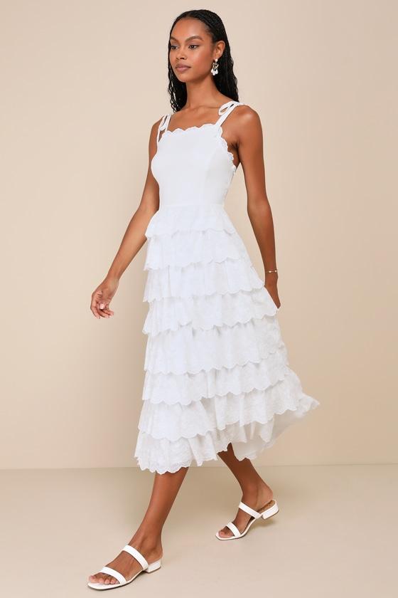 Endlessly Ideal White Eyelet Embroidered Tiered Midi Dress Product Image