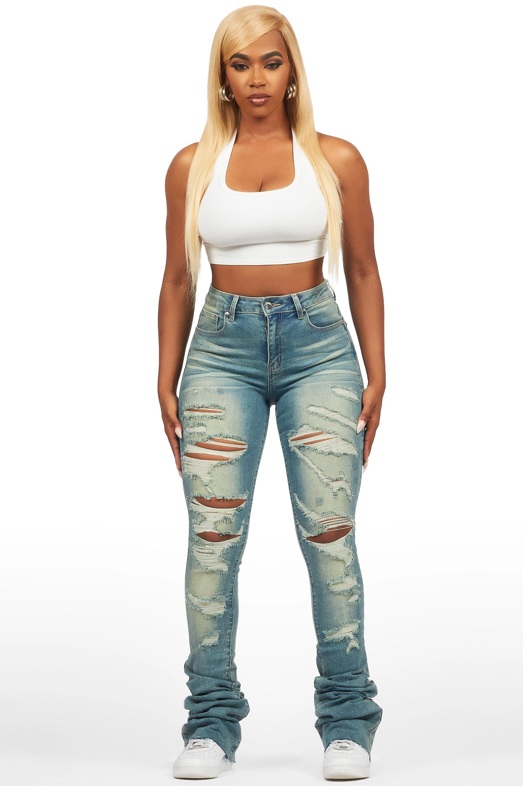 Teyja Light Wash Distressed Super Stacked Jean Female Product Image