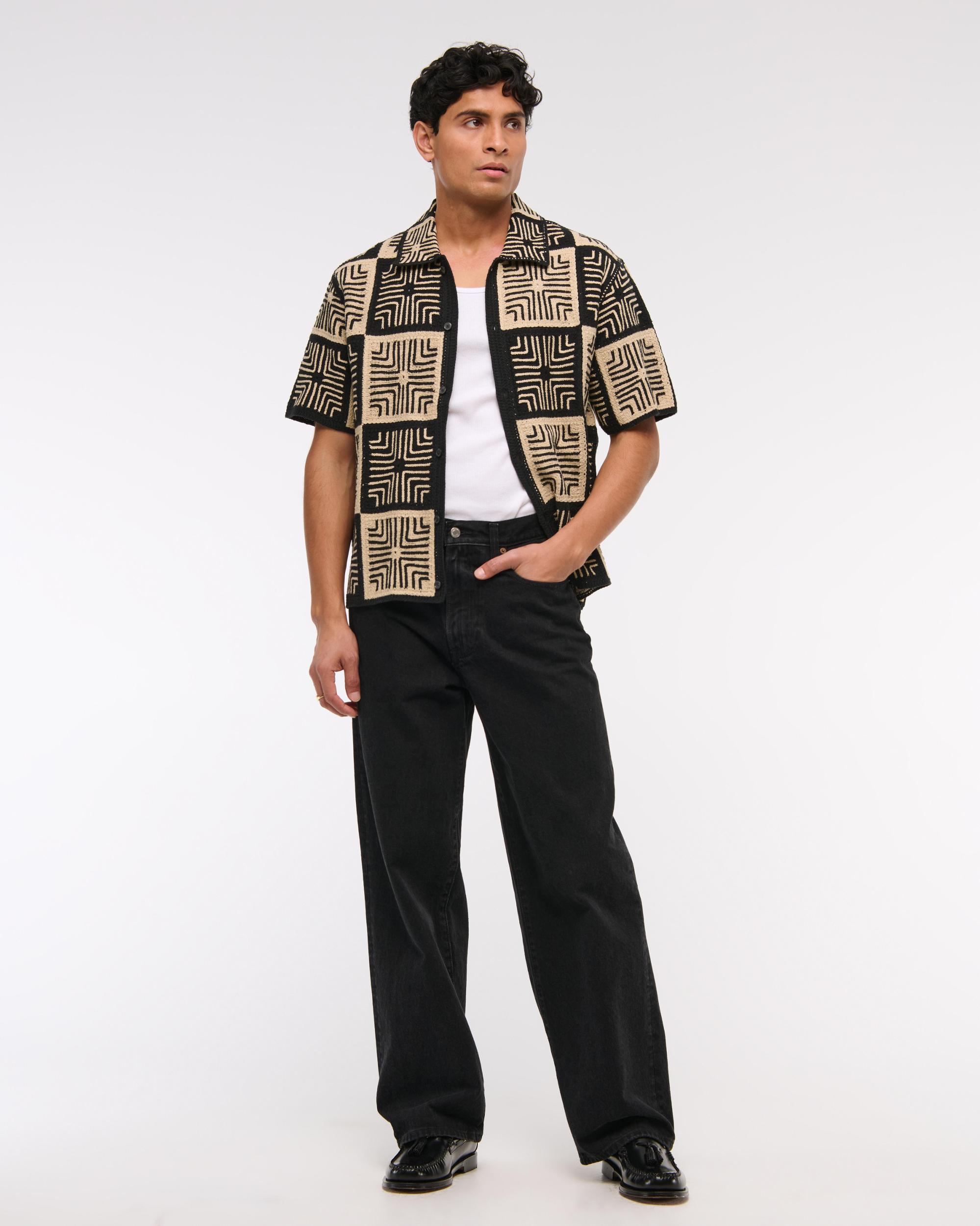 Crochet-Style Border Stripe Button-Through Sweater Polo Product Image