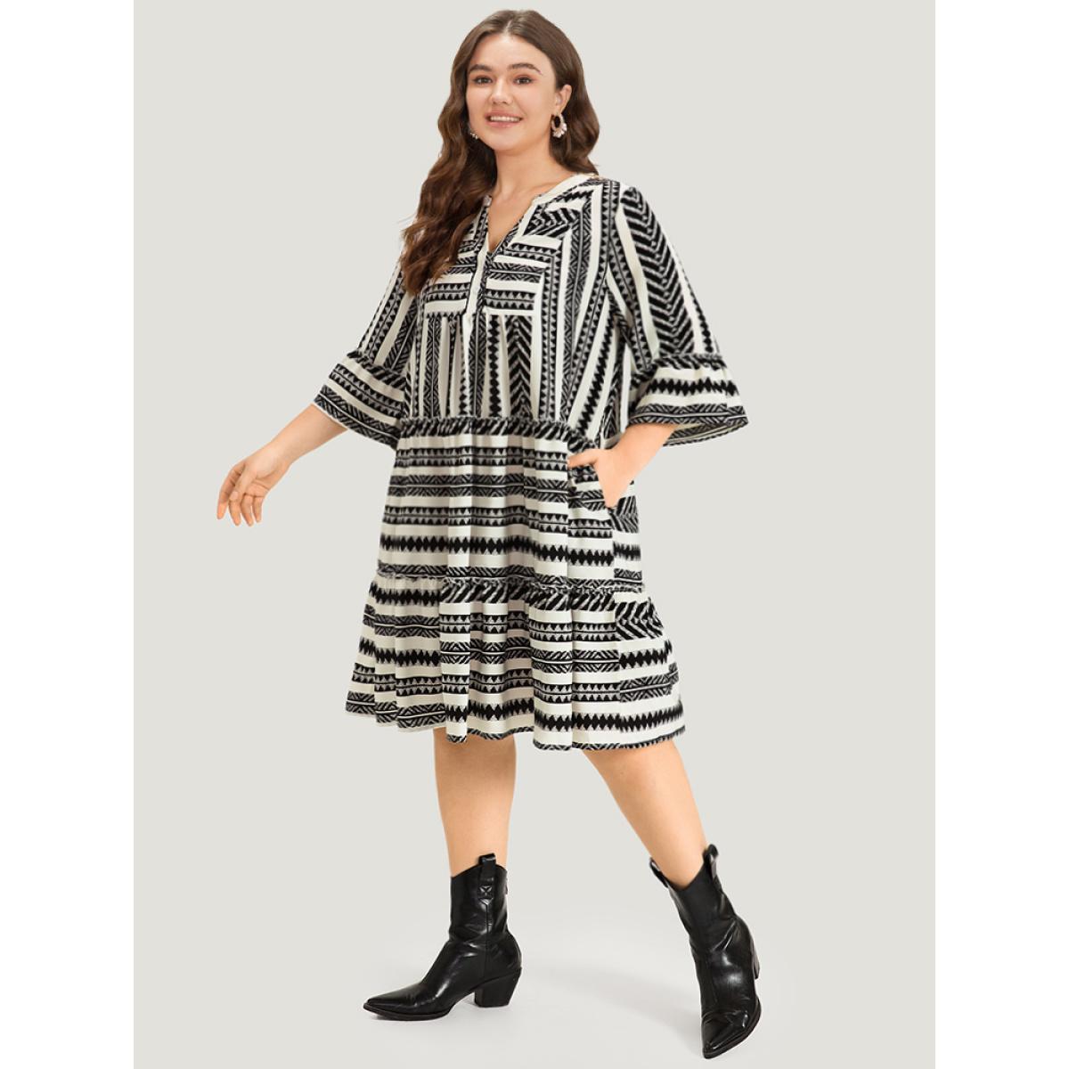 Plus Size Bandana Striped Pocket Button Detail Notched Patchwork Dress White Women Vacation Printed V-neck Elbow-length sleeve Curvy Midi Dress BloomChic 28/5X Product Image