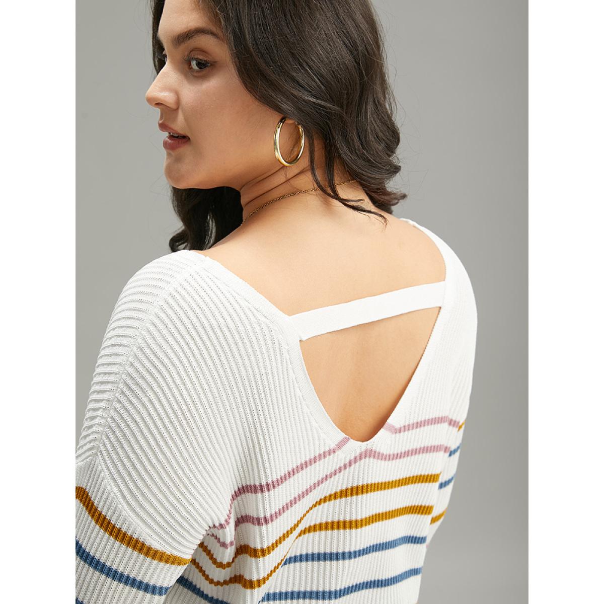 Plus Size Colour Striped V Neck Back Cut Out Pullover Multicolor Women Casual Loose Long Sleeve V-neck Dailywear Pullovers BloomChic 14-16/1X Product Image