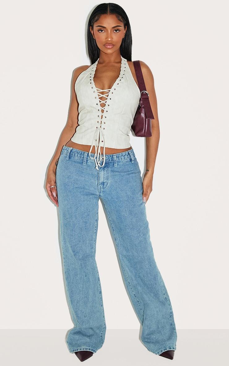 Shape Cream Washed Faux Leather Halter Neck Lace Up Corset Product Image