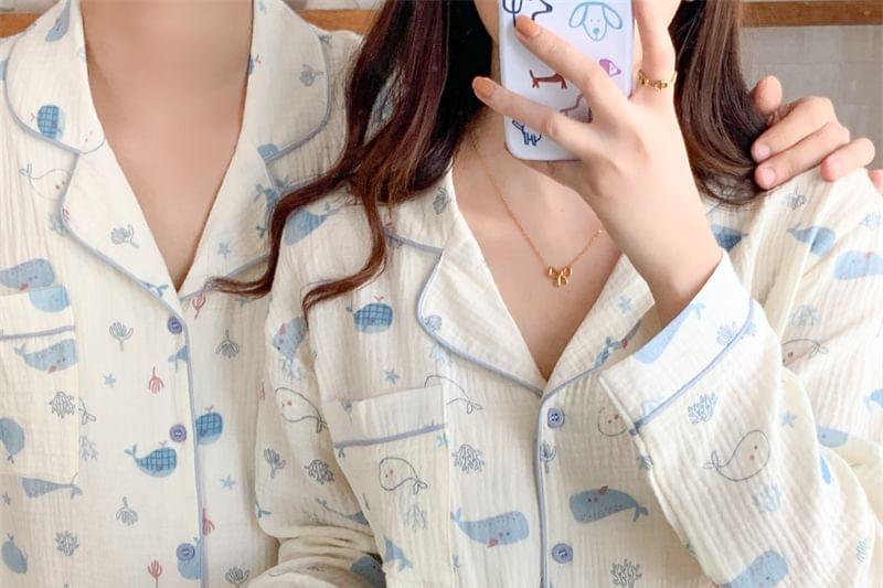 Couple Matching Pajama Set: Long-Sleeve Whale Print Top + Pants Product Image