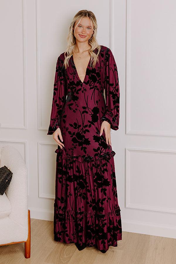 Moonlit Rendezvous Velvet Burnout Maxi Dress in Windsor Wine Product Image