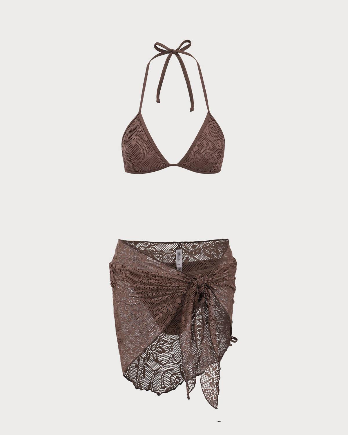 Brown Mesh Bikini Three Piece Suit Product Image