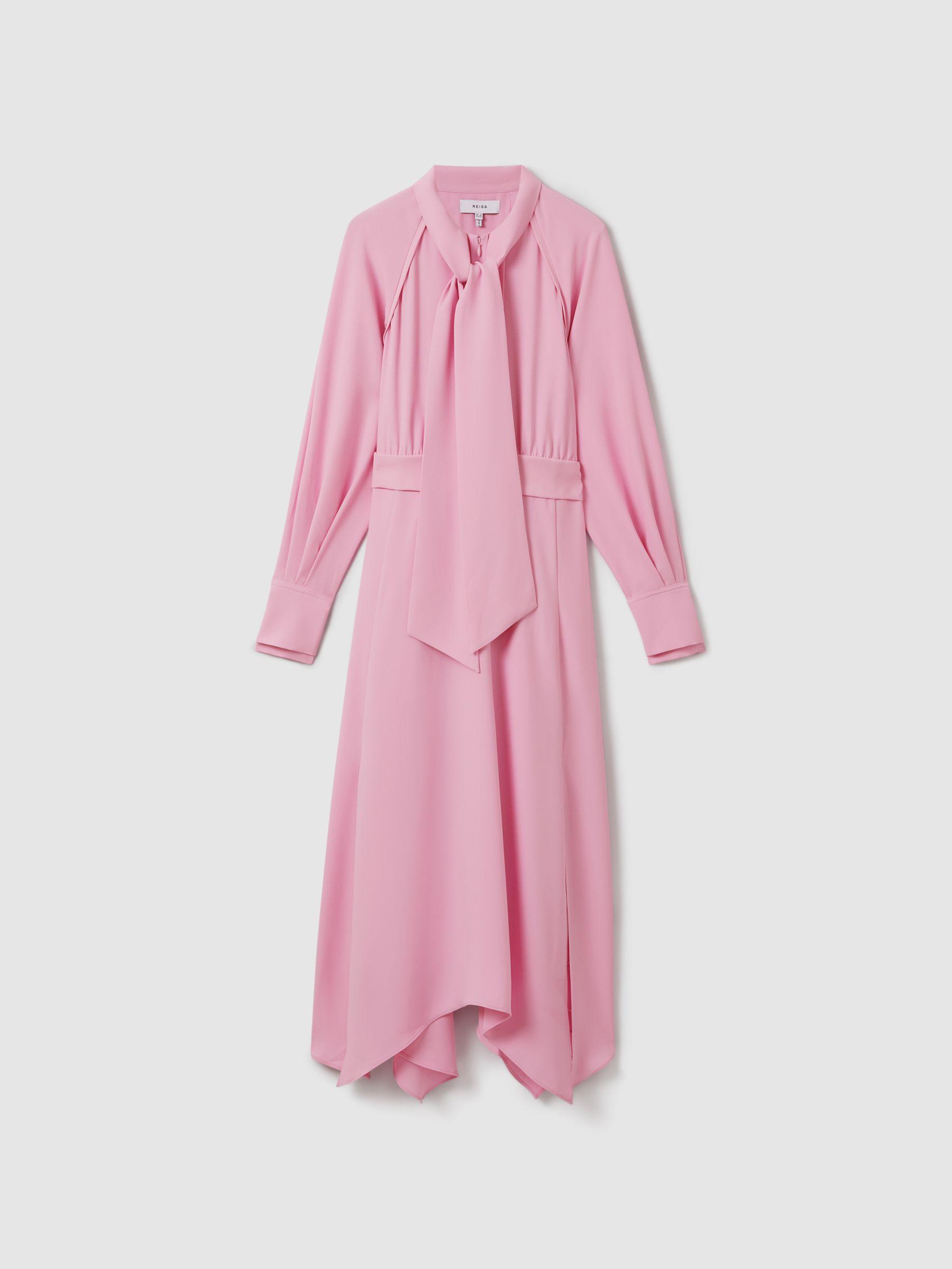 Tie Neck Zip Front Midi Dress in Pink Product Image