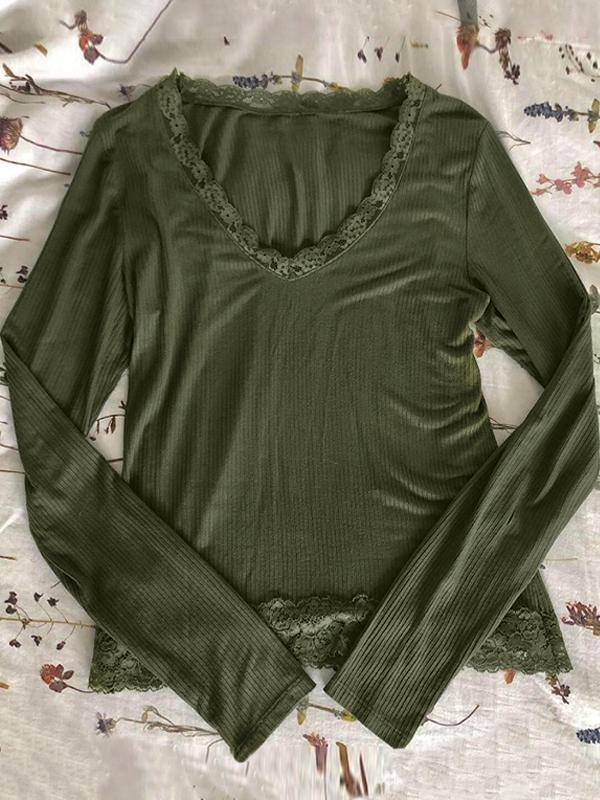 Solid Color Rib Lace Trim Slim Long Sleeve Knit Product Image