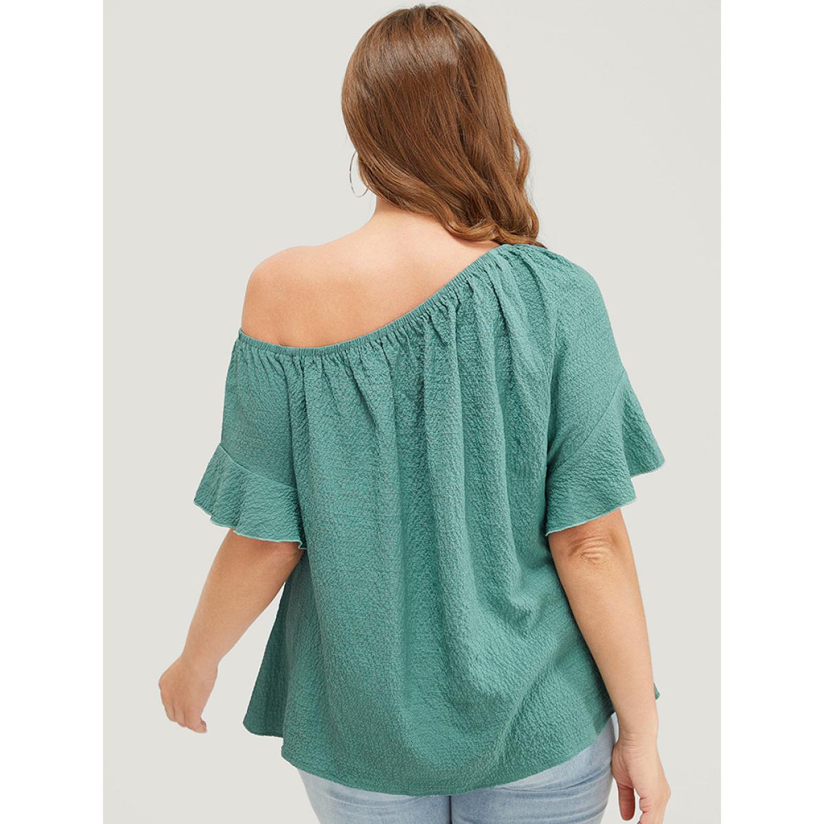 Plus Size Teal Solid Cut Out Knotted Hem Ruffle Sleeve One Shoulder Blouse Women Elegant Short sleeve One Shoulder Dailywear Blouses BloomChic 22-24/3X Product Image
