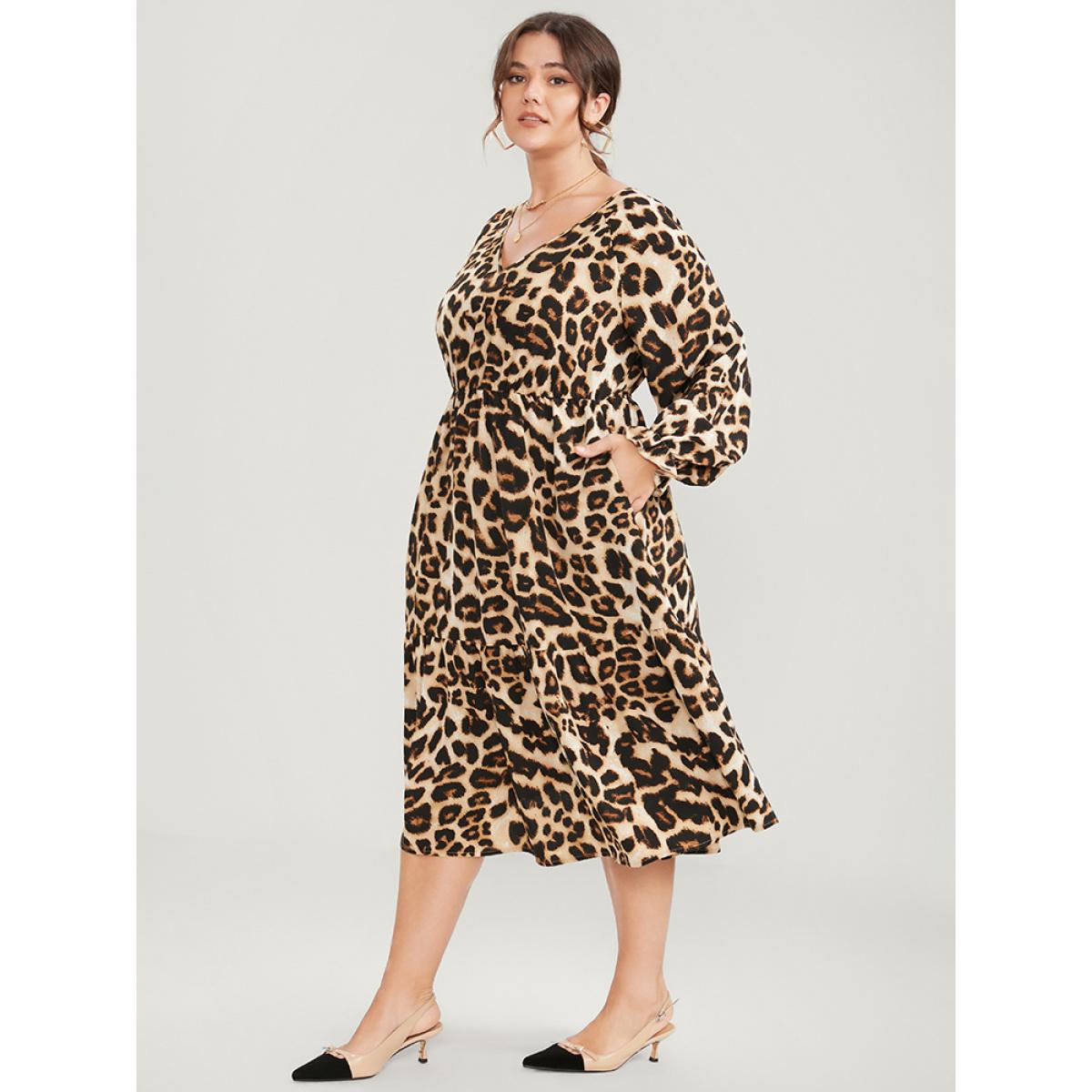 Plus Size Leopard Lantern Sleeve Pocket Ruffles Tiered Dress DarkBrown Women Office Pocket V-neck Long Sleeve Curvy Midi Dress BloomChic 26/4X Product Image