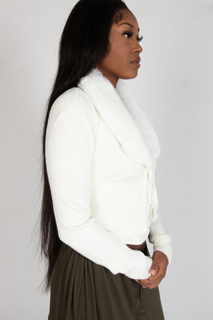Faux Fur Collar Tie Front Cardigan Product Image