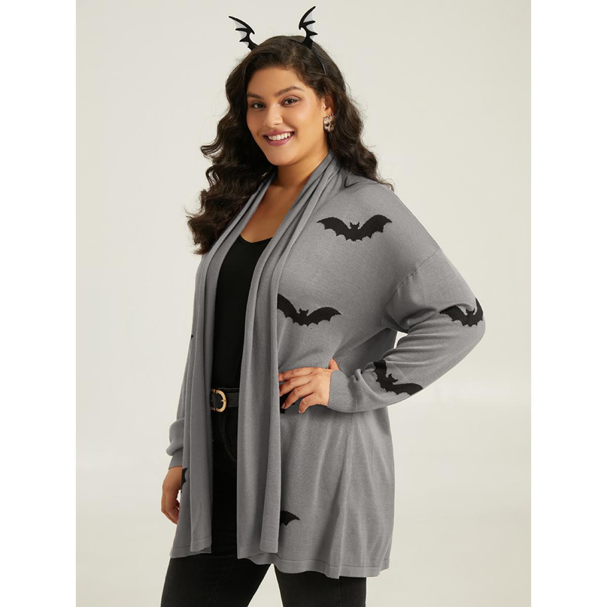 Plus Size Supersoft Essentials Halloween Bat Pattern Lapel Collar Cardigan DarkGray Women Playful Loose Long Sleeve Casual Cardigans BloomChic 22-24/3X Product Image