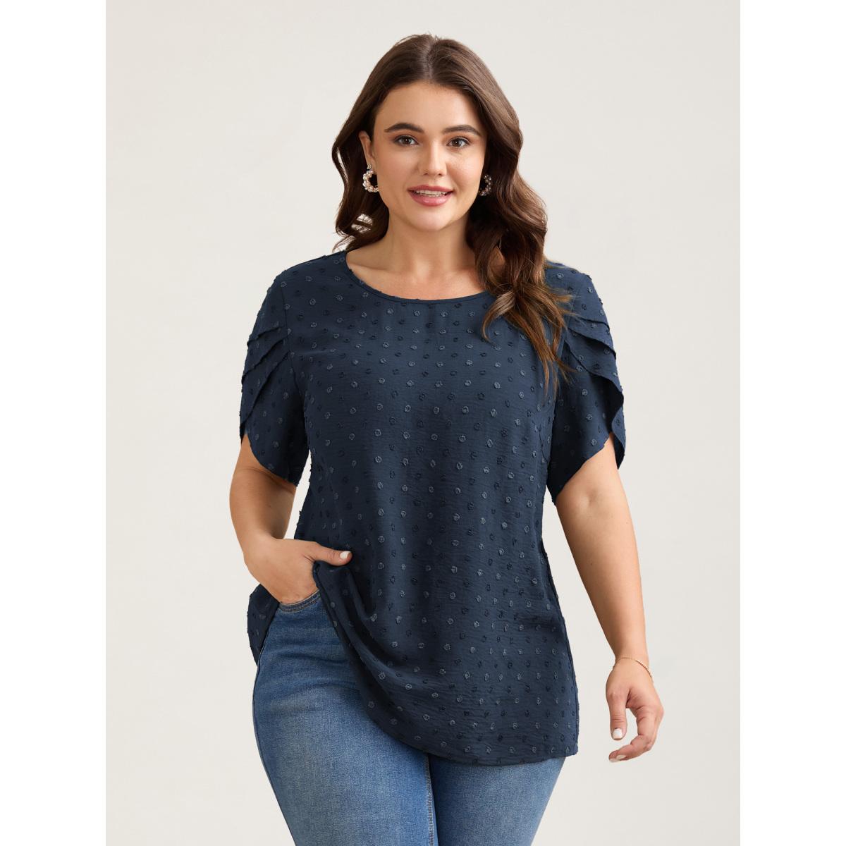 Plus Size DarkGreen Textured Color Contrast Petal Sleeve Blouse Women Timeless Short sleeve Round Neck Elegant Blouses BloomChic 14-16/1X Product Image