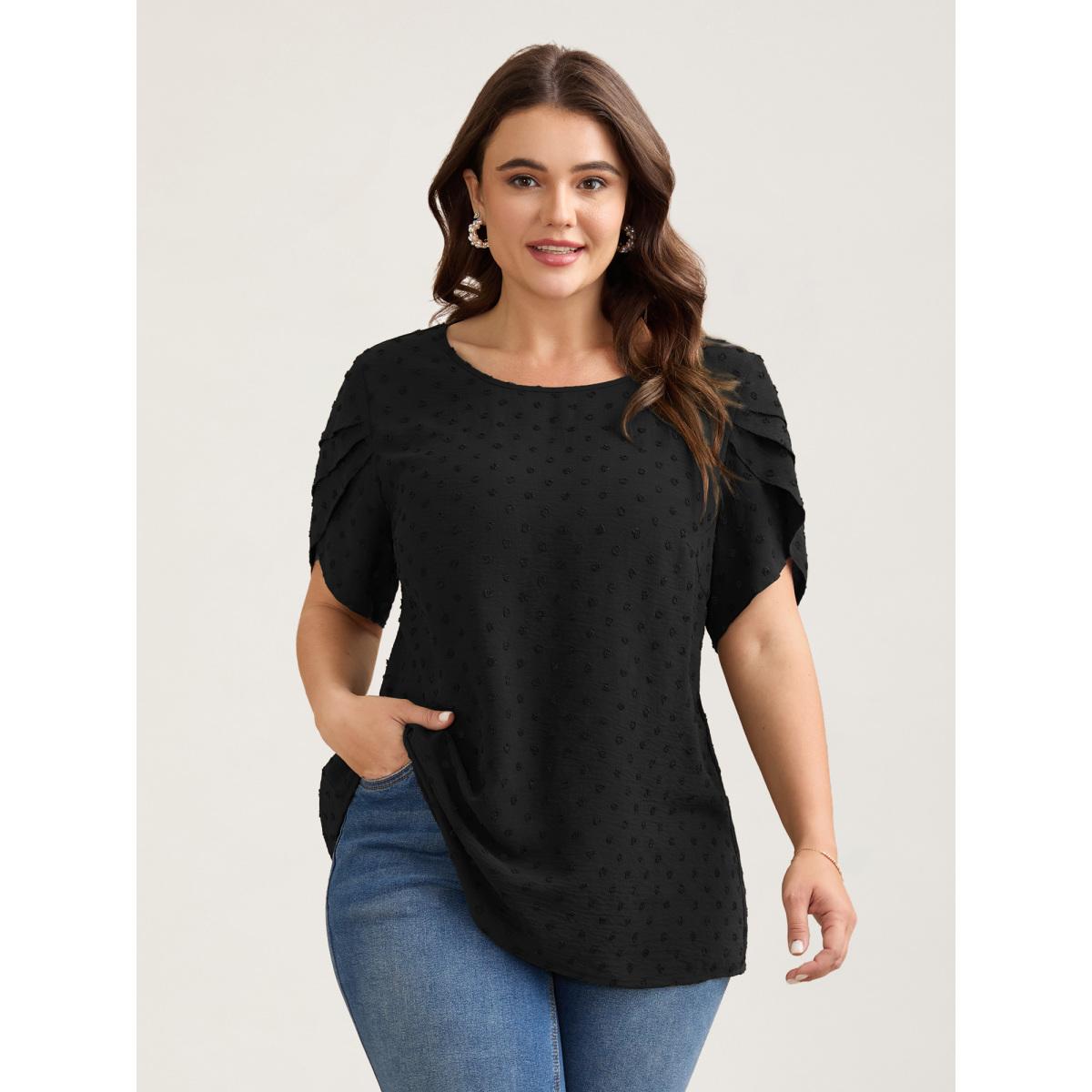 Plus Size DarkGreen Textured Color Contrast Petal Sleeve Blouse Women Timeless Short sleeve Round Neck Elegant Blouses BloomChic 14-16/1X Product Image