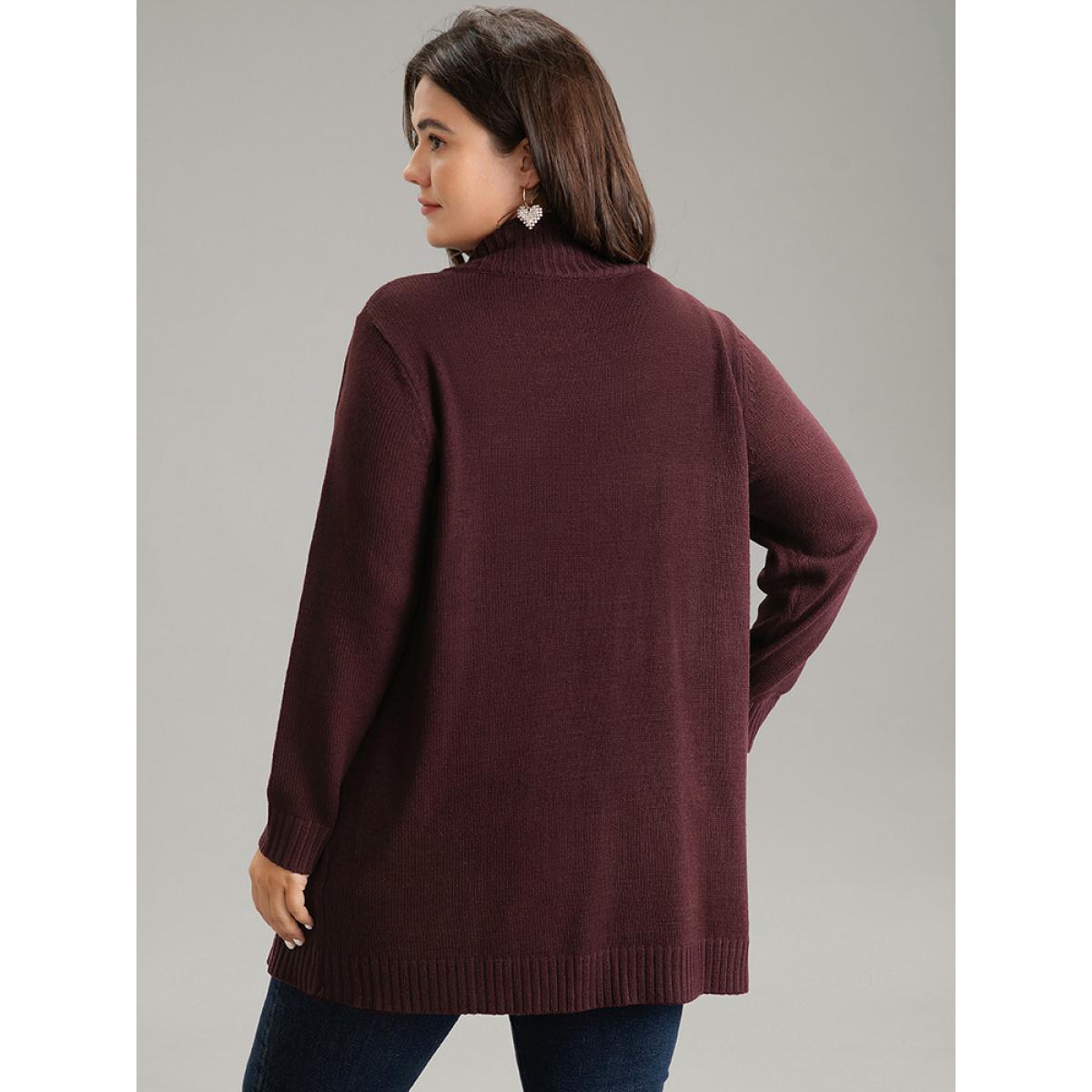 Plus Size Plain Cable Knit Button Up Pocket Cardigan Burgundy Women Casual Loose Long Sleeve Dailywear Cardigans BloomChic 18-20/2X Product Image