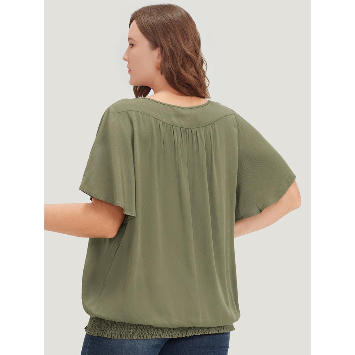 Plus Size ArmyGreen Solid Shirred Keyhole Gathered Ruffle Sleeve Blouse Women Office Half Sleeve V-neck Work Blouses BloomChic 22-24/3X Product Image