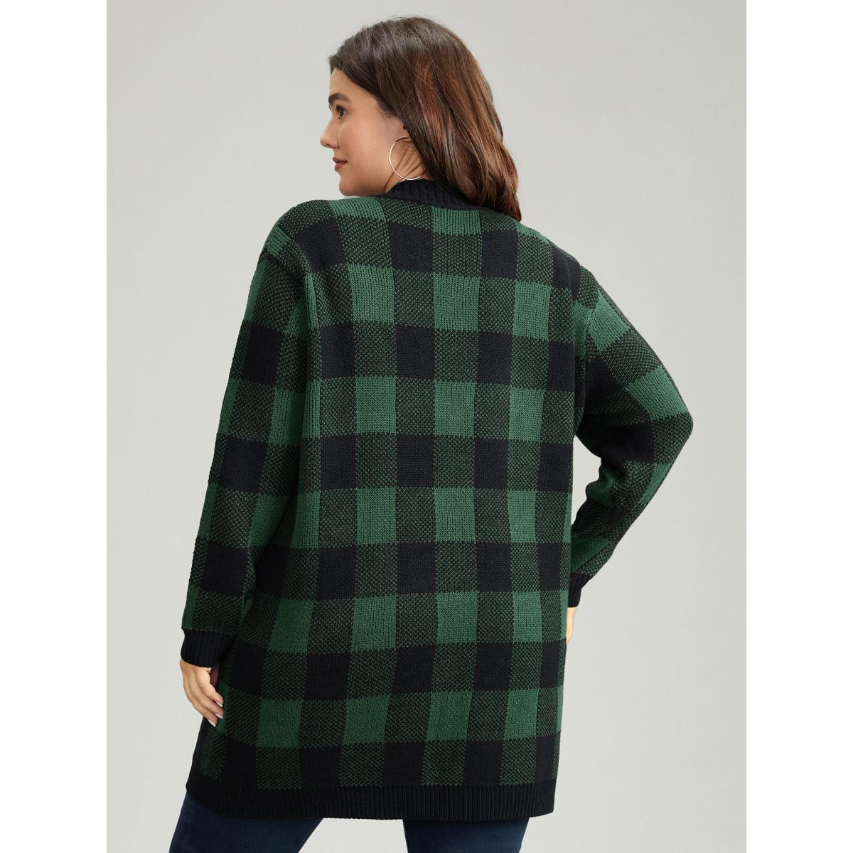 Plus Size Plaid Patched Pocket Loose Cardigan DarkGreen Women Casual Loose Long Sleeve Everyday Cardigans BloomChic 30/6X Product Image