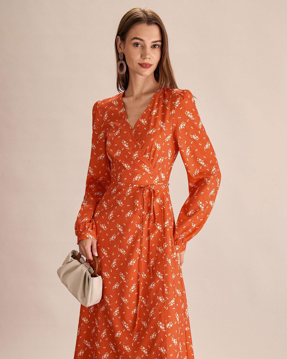 Orange Floral Wrap Midi Dress Product Image