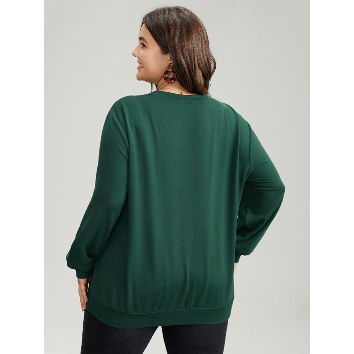 Plus Size Christmas Trees Round Neck Sweatshirt Women DarkGreen Casual Elastic cuffs Festival-Christmas Sweatshirts BloomChic 10/M Product Image