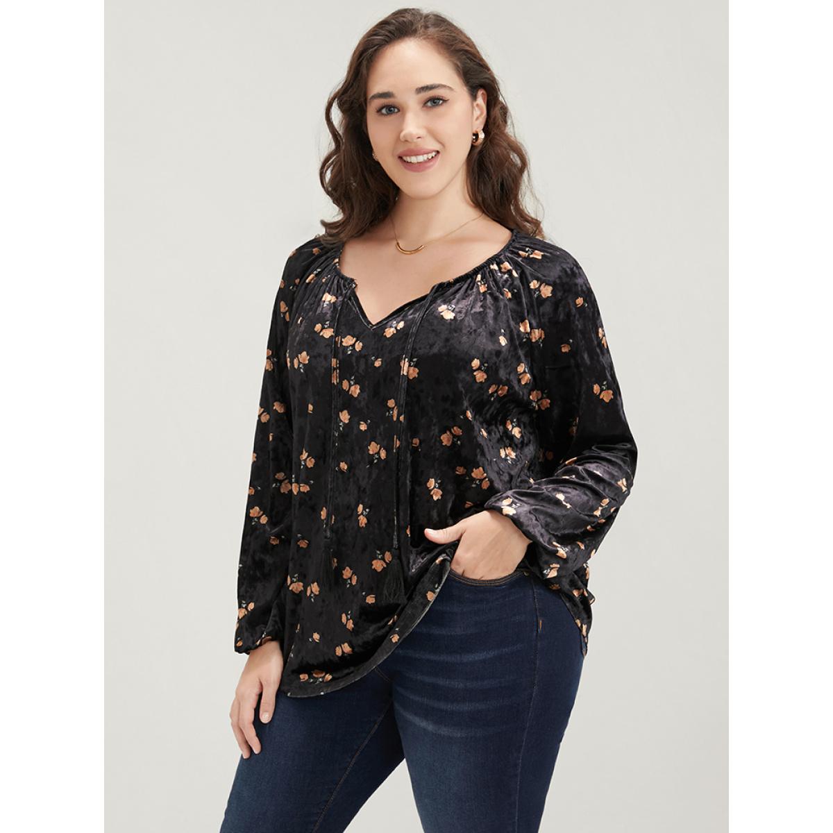 Plus Size Black Floral Lantern Sleeve Tassels Tie Neck Velvet Blouse Women Party Long Sleeve Tie Neck Going out Blouses BloomChic 10/M Product Image