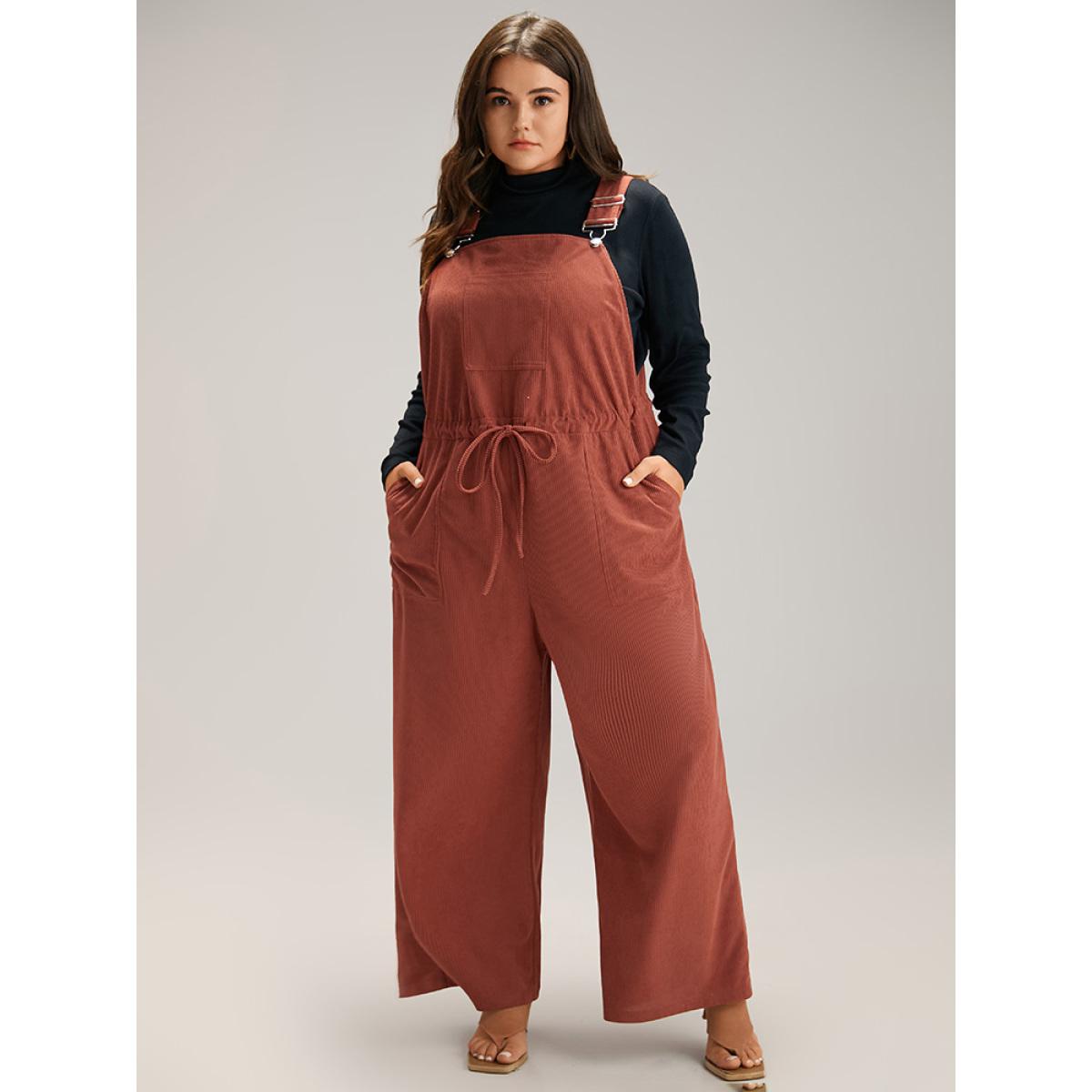 Plus Size Rust Plain Textured Drawstring Adjustable Straps Jumpsuit Women Casual Sleeveless Spaghetti Strap Dailywear Loose Jumpsuits BloomChic 10/M Product Image