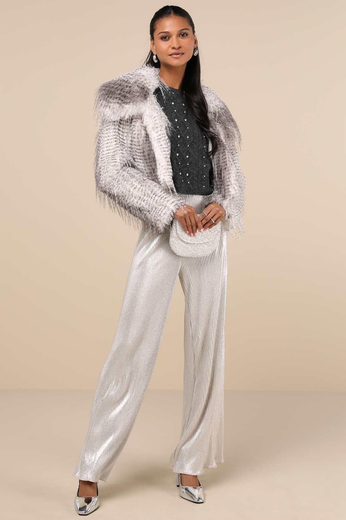 Premium Coziness Grey Faux Fur Cropped Jacket Product Image