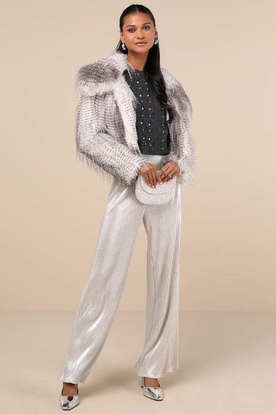 Premium Coziness Grey Faux Fur Cropped Jacket Product Image