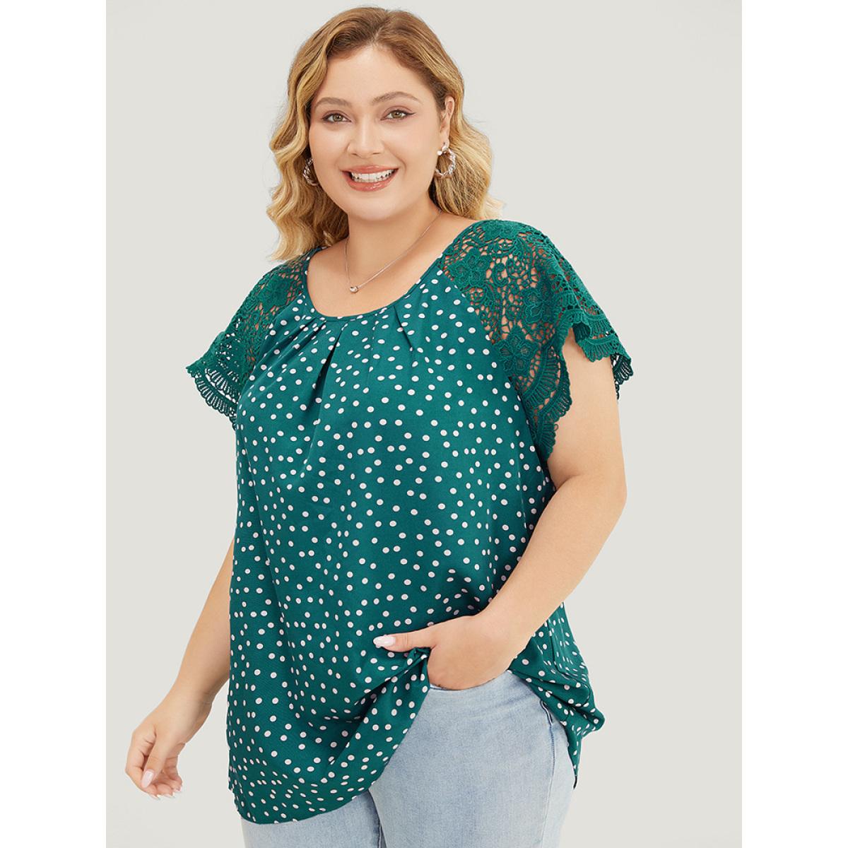 Plus Size Emerald Polka Dot Pleated Detail Lace Raglan Sleeve Blouse Women Elegant Short sleeve Round Neck Dailywear Blouses BloomChic 10/M Product Image