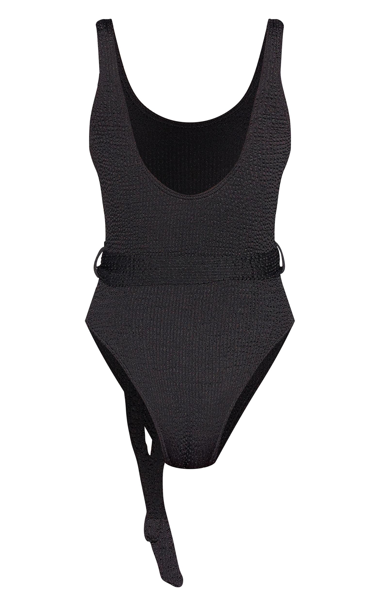 Black Crinkle Tie Waist Detail Swimsuit Product Image