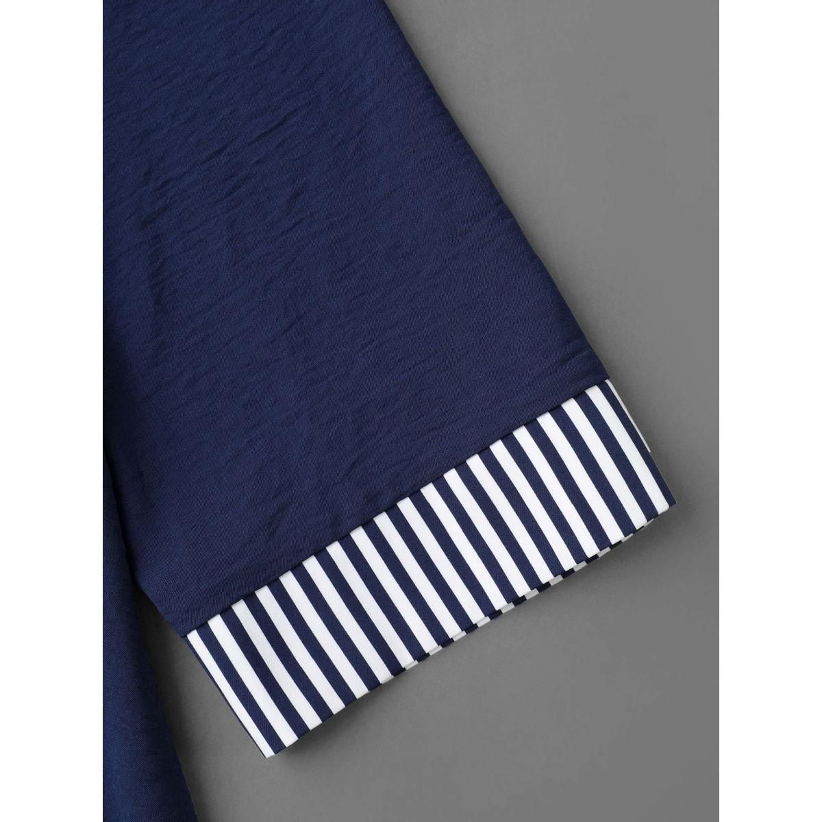 Plus Size Indigo Shirt Collar Patchwork Striped Blouse Women Office Extra Long Sleeve Square Neck Office Blouses BloomChic 28/5X Product Image