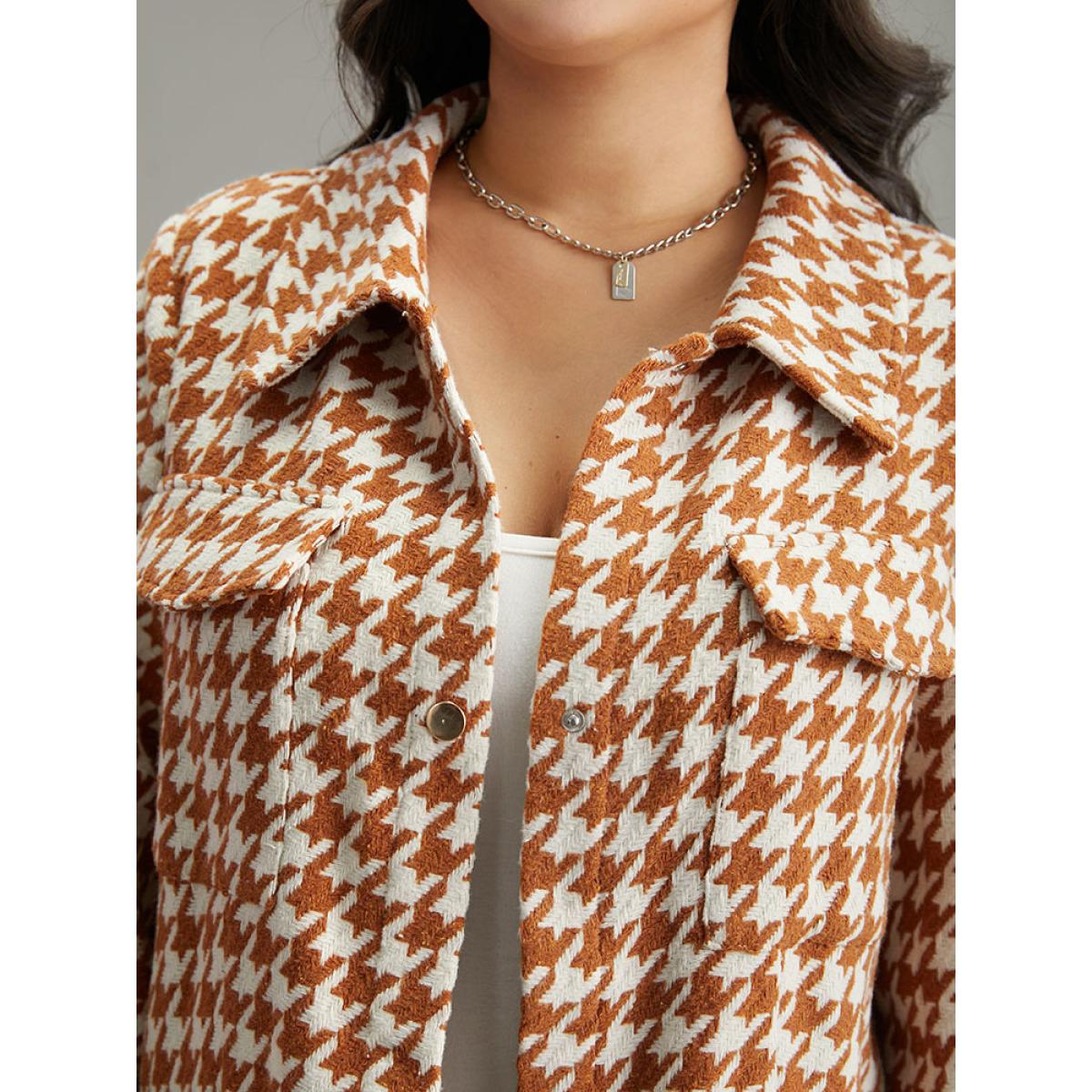 Plus Size Houndstooth Lapel Collar Flap Detail Coat Women Chocolate Casual Contrast Ladies Dailywear Winter Coats BloomChic 26/4X Product Image