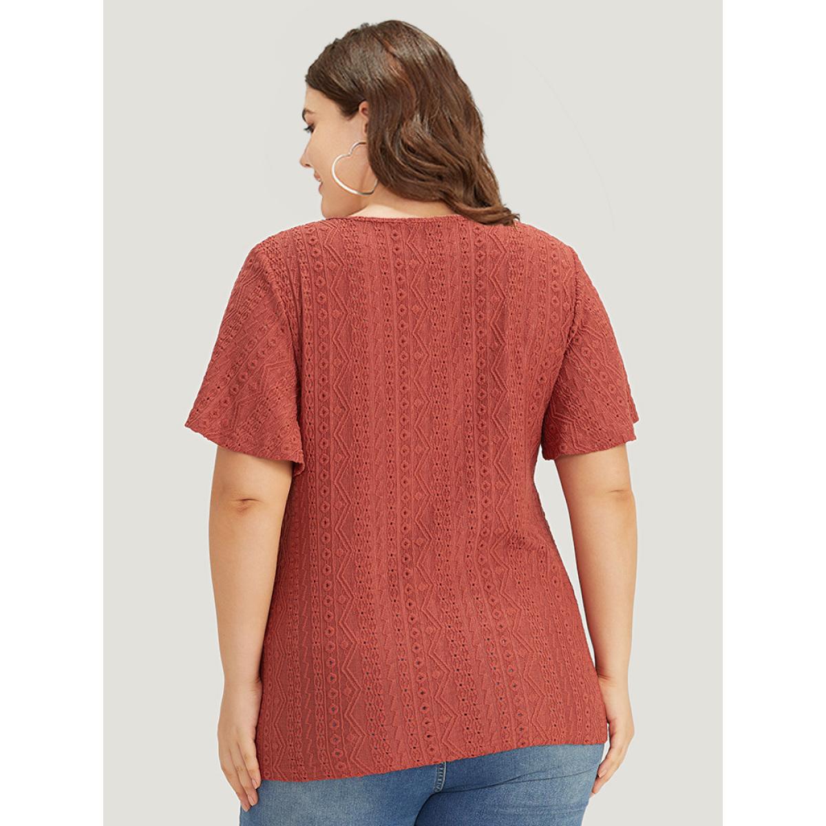 Plus Size Embroidered Button Detail Crew Neck Flutter Sleeve T-shirt Rust Women Elegant Texture Plain Round Neck Dailywear T-shirts BloomChic 18-20/2X Product Image