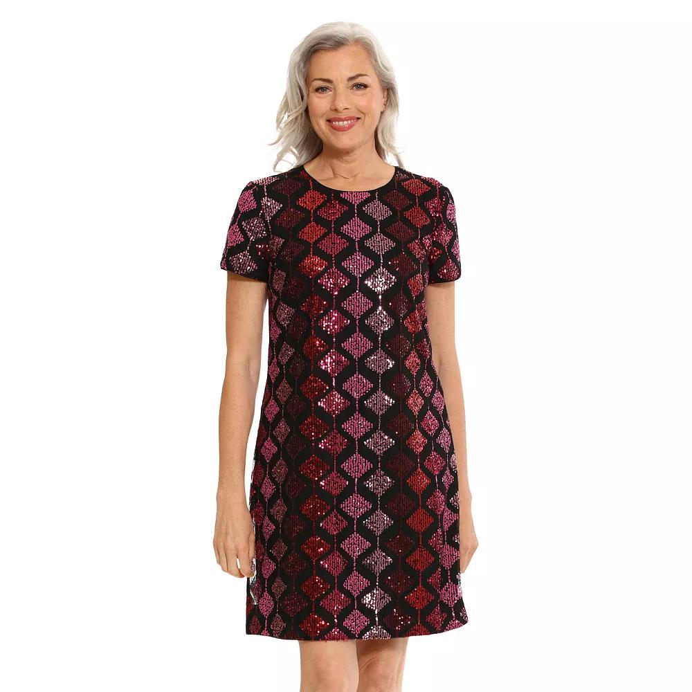 Women's London Times Sequin T-Shirt Dress, Size: 14, Black Pink Product Image