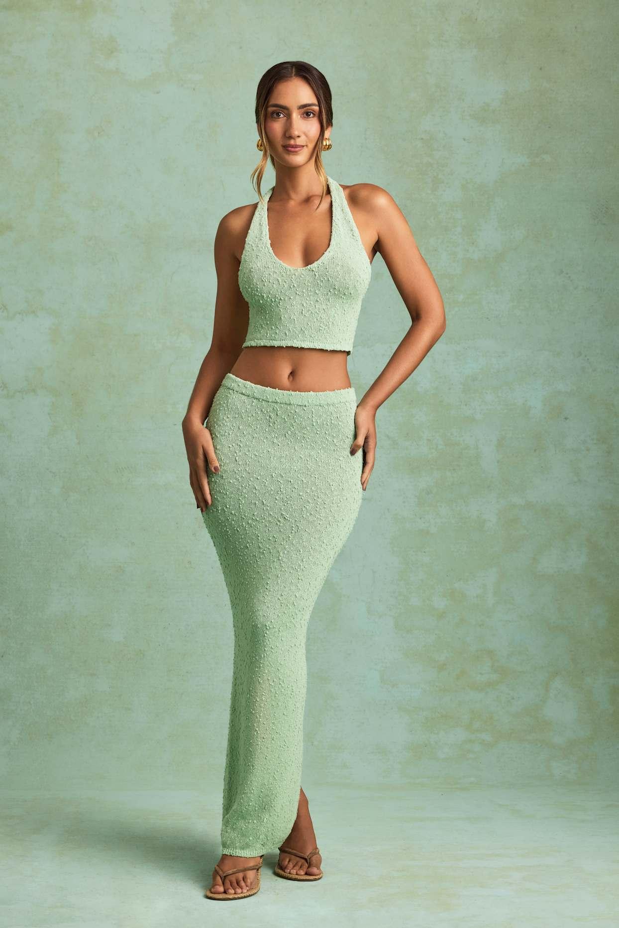 Bouclé Mid-Rise Maxi Skirt in Mint Product Image