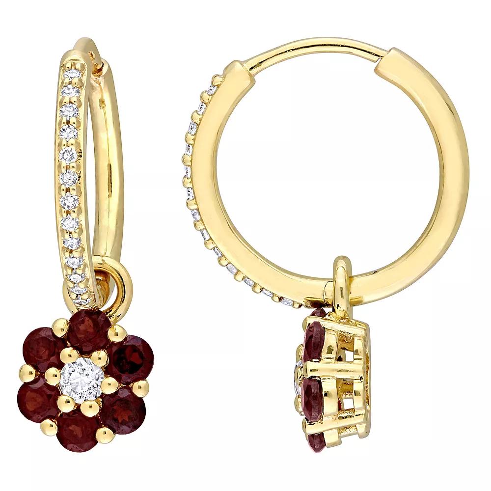 Stella Grace 10k Gold Garnet, White Topaz & 1/8 Carat T.W. Diamond Floral Hoop Earrings, Women's Product Image