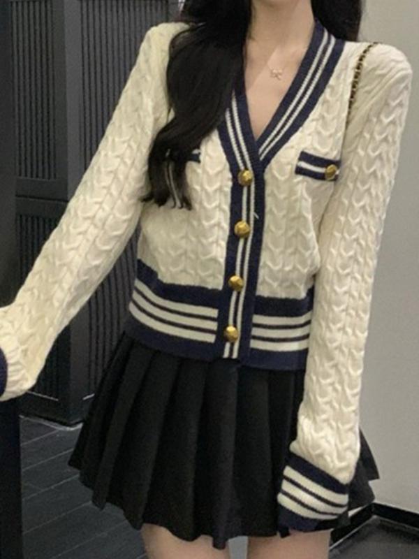 V Neck Striped Trim Splice Cable Knit Short Cardigan Product Image