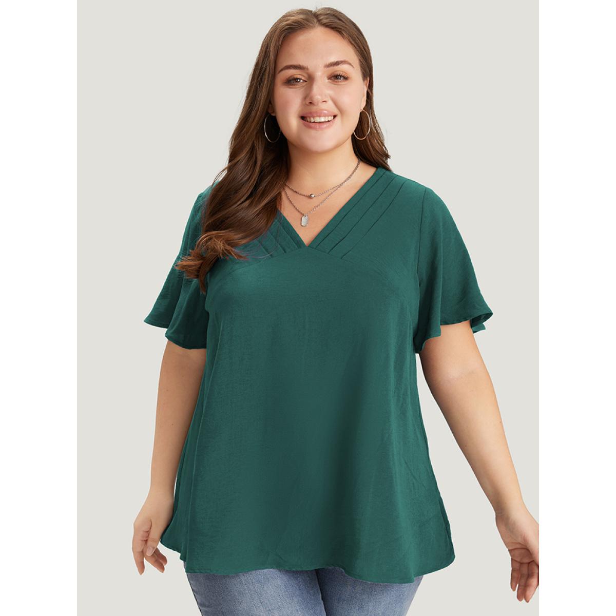 Plus Size Emerald Solid Pleated V Neck Blouse Women Office Short sleeve V-neck Dailywear Blouses BloomChic 26/4X Product Image