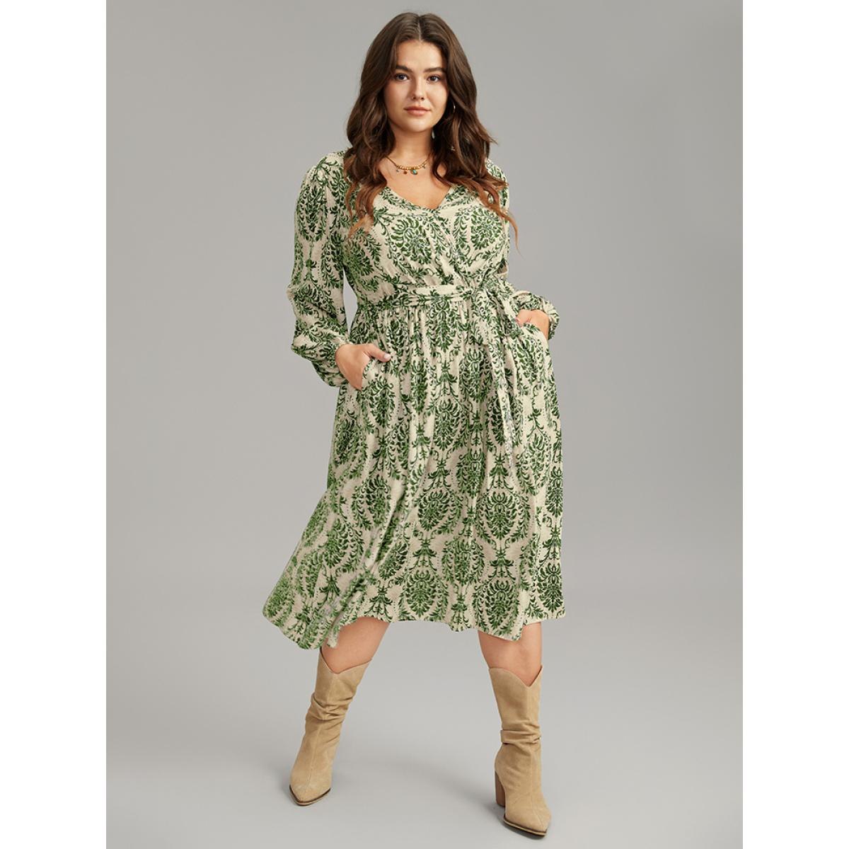 Plus Size Supersoft Essentials Boho Print Elastic Waist Belted Dress Green Women Vacation Elastic cuffs Overlap Collar Long Sleeve Curvy Midi Dress BloomChic 28/5X Product Image