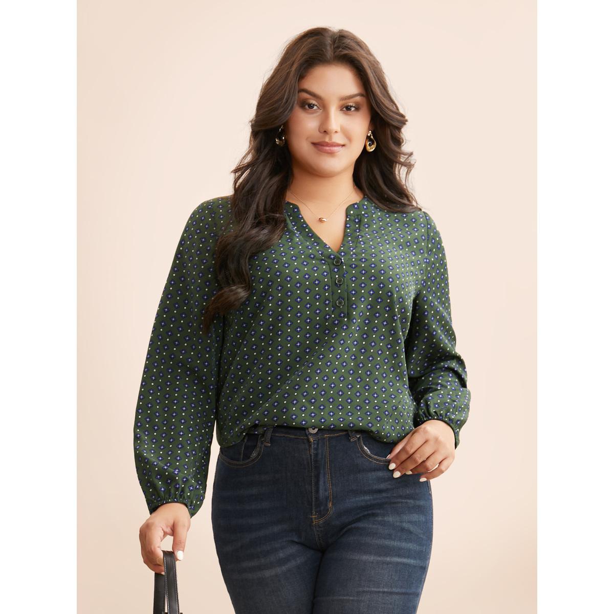 Plus Size ArmyGreen Notched Geometric Button Up Blouse Women At the Office Extra Long Sleeve Notched collar Office Blouses BloomChic 28/5X Product Image
