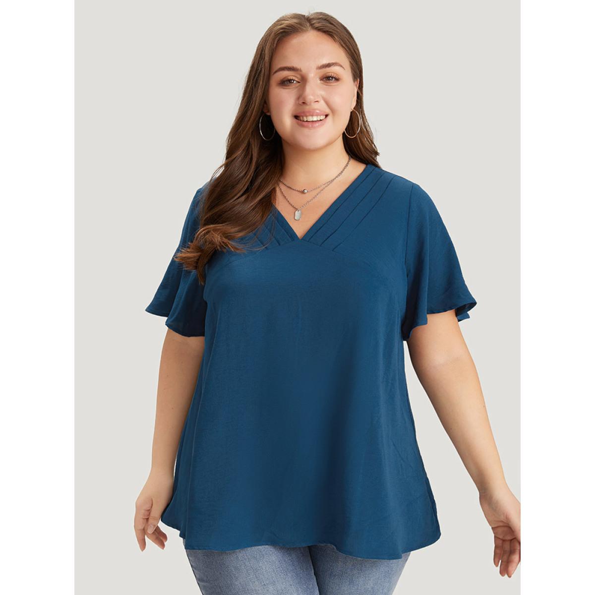 Plus Size Aegean Solid Pleated V Neck Blouse Women Office Short sleeve V-neck Dailywear Blouses BloomChic 26/4X Product Image