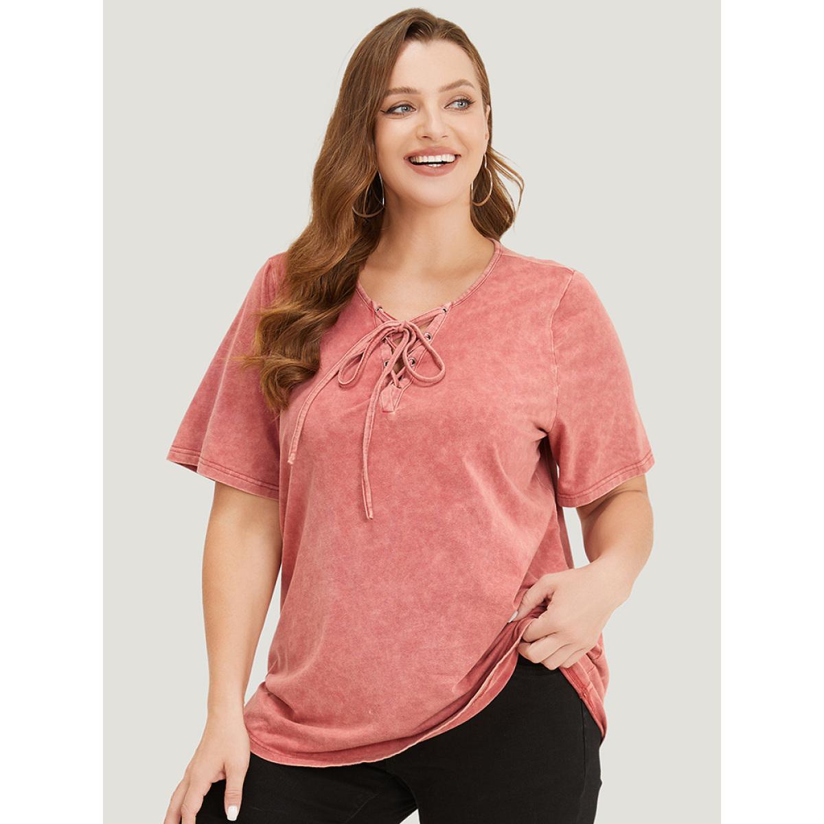 Plus Size Solid Lace Up Crew Neck Vintage T-shirt Rust Women Casual Cross straps Plain Round Neck Dailywear T-shirts BloomChic 12/L Product Image