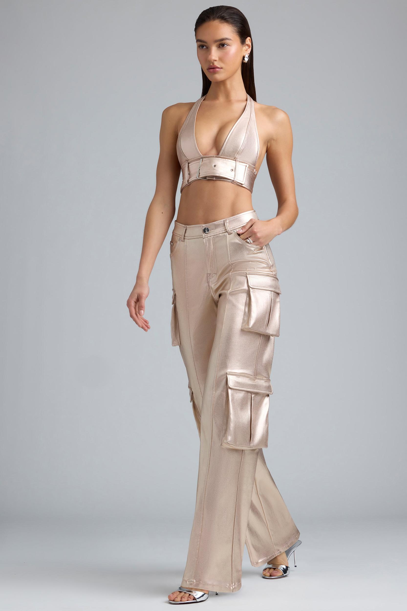 Metallic Denim Cargo Trousers in Champagne Product Image